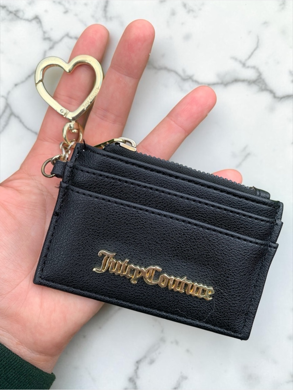 Juicy Couture Black Leather Card Case with Gold Heart Keyring